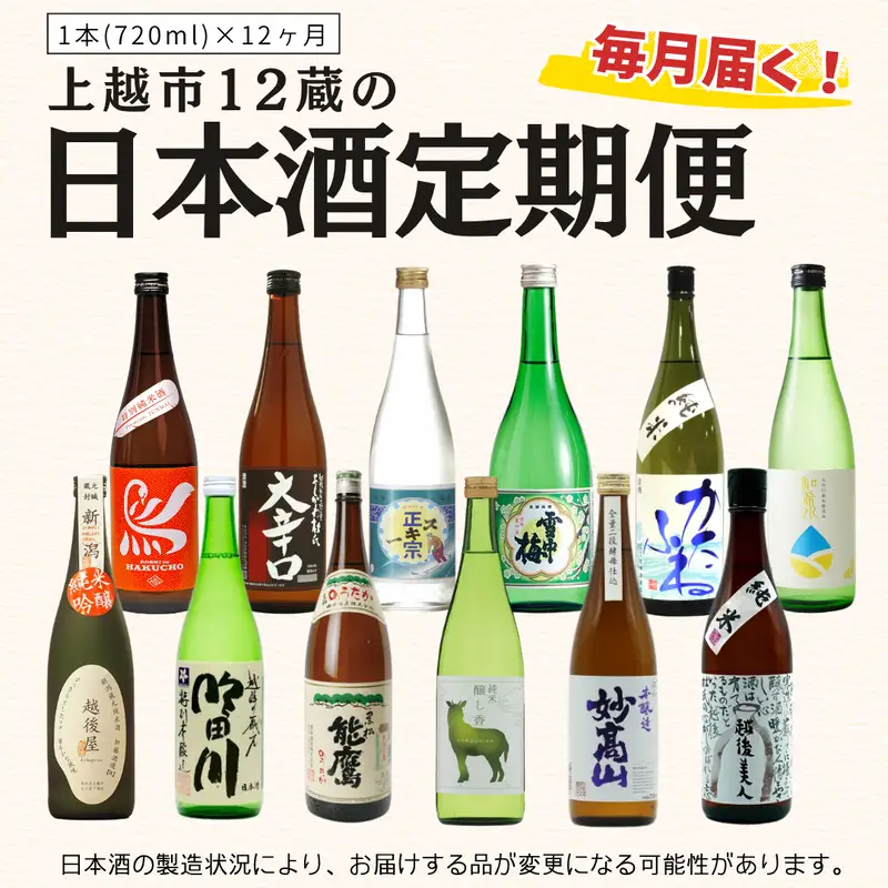 【毎月届く！】上越市12蔵の日本酒定期便 720ml×12本 12か月連続でお届け お酒 銘酒 飲み比べ 新潟県 