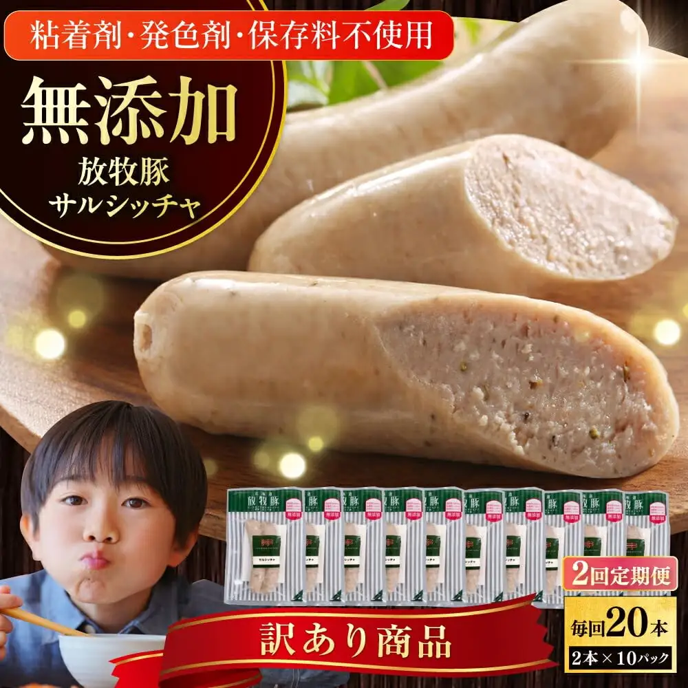 【全2回定期便】【訳あり】【結着剤・発色剤・保存料不使用】 放牧豚 サルシッチャ 2本x10セット（90g/パック） 訳あり ソーセージ ウインナー 無塩せき 冷凍配送 セット 詰め合わせ 北海道 [AXBA074]