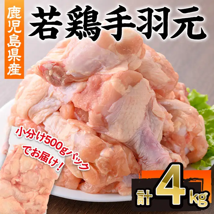 鹿児島県産 若鶏 手羽元(計4kg・500g×8P)【株式会社羽根】A580