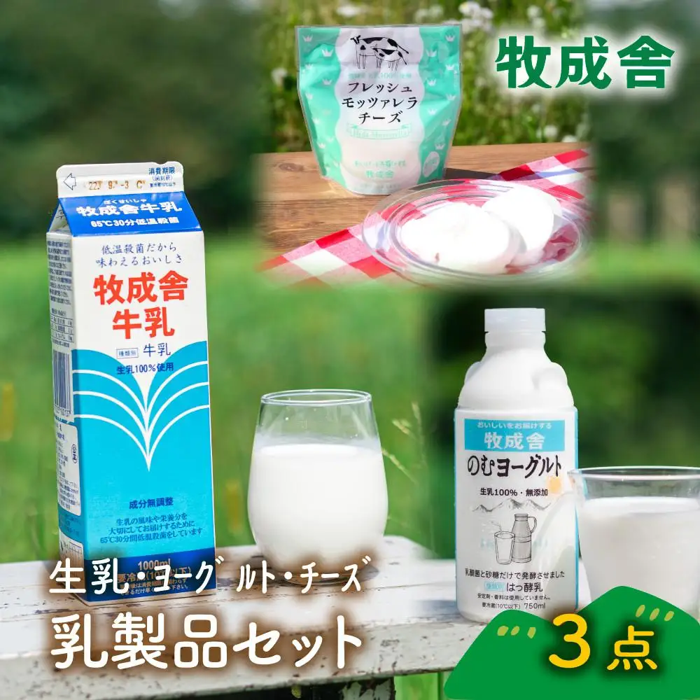 ＜牧成舎＞飛騨の牛乳屋さんが作った こだわりの乳製品お試しセット（牛乳1L×1本・のむヨーグルト750ml×1本・モッツァレラチーズ100g×1個）| 低温殺菌 無添加 牛乳 ヨーグルト チーズ 乳製品 おいしい セット 飛騨高山 (有)牧成舎 DF042