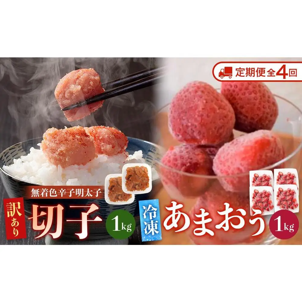 【定期便全4回/3ヶ月に1回お届け】訳あり！辛子明太子（切子）1kg（500g×2個）と福岡県産冷凍あまおう1kg（250ｇ×4個）セット