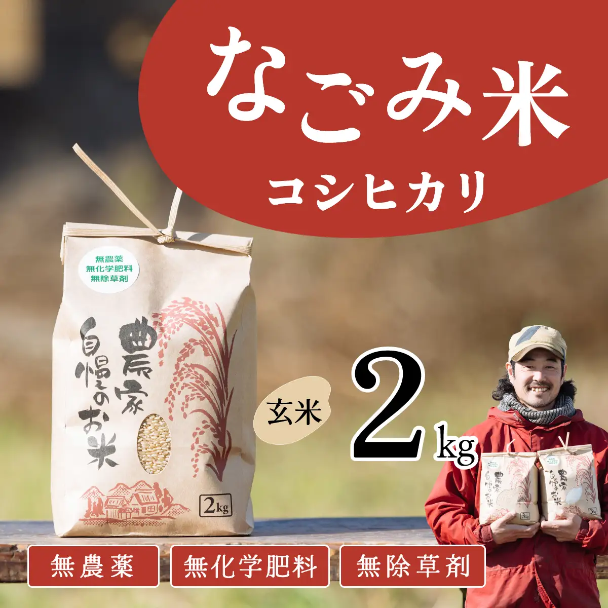 【10月発送】茨城県下妻市産 なごみ米 （ コシヒカリ ） 玄米 2kg 【 お米 コシヒカリ 米 無農薬 無化学肥料 無除草剤 玄米 ブランド米 茨城県産 】