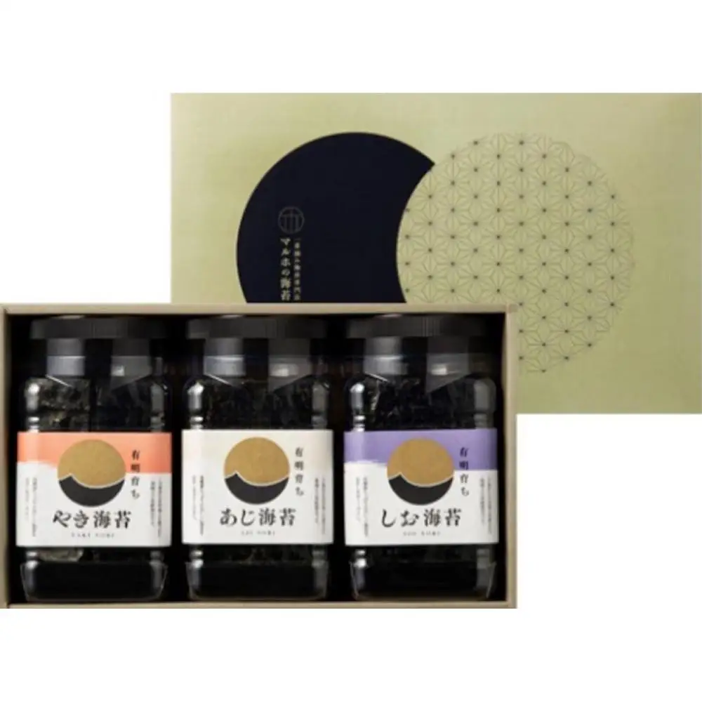 有明育ち 角容器3個(しお・やき・あじ海苔)詰合せ 化粧箱入り【福岡有明のり】