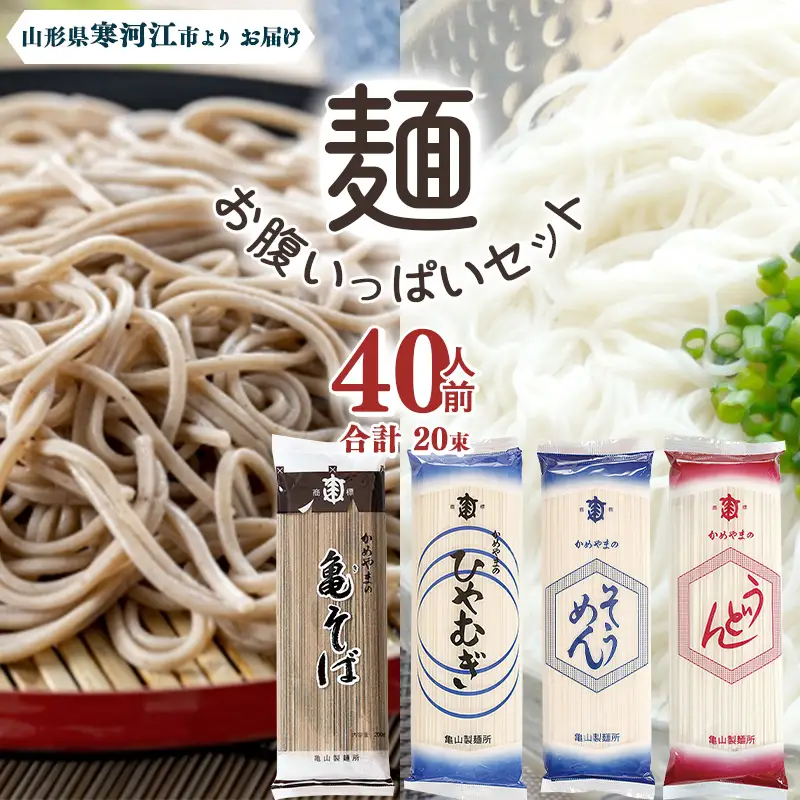  【10月寄付額改定】麺お腹いっぱいセット 40人前（計20束） 乾麺 そば うどん そうめん ひやむぎ 麺 亀山製麺所　013-F-KY006