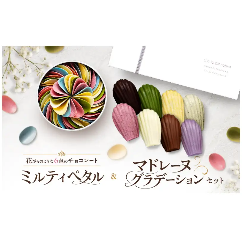 -洋菓子2点セット- 花びらのような6色のチョコレート【ミルティペタル】と、可愛い全8種類【マドレーヌグラデーション詰め合わせ】＜福岡市＞ | 菓子 おかし スイーツ デザート 食品 人気 おすすめ 送料無料