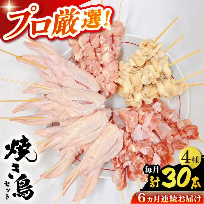 【6回定期便】九州産 鶏三昧 焼き鳥セット 4種類 30本 / やきとり ヤキトリ 焼鳥 串セット 国産 冷凍 小分け / 南島原市 / ふるさと企画[SBA082]