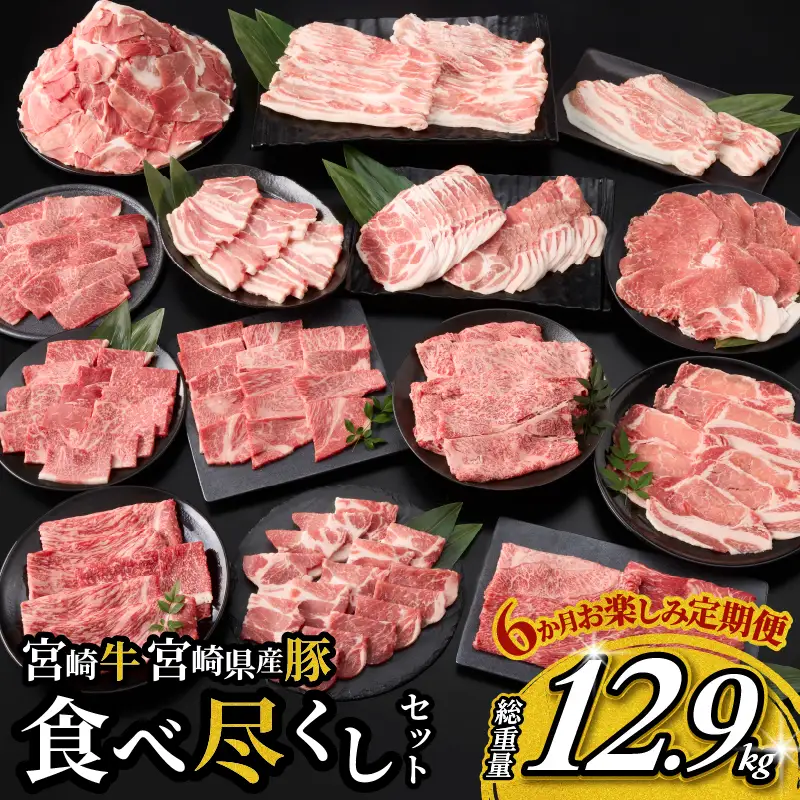6か月 お楽しみ 定期便 宮崎牛 宮崎県産豚 食べ尽くし セット 総重量12.9kg 数量限定 6回 肉 牛肉 豚肉 国産 食品 黒毛和牛 小分け ロース 豚バラ 小間切れ スライス 焼肉 しゃぶしゃぶ すき焼き おかず 冷凍 おすすめ ギフト 宮崎県 日南市 送料無料_P1-24