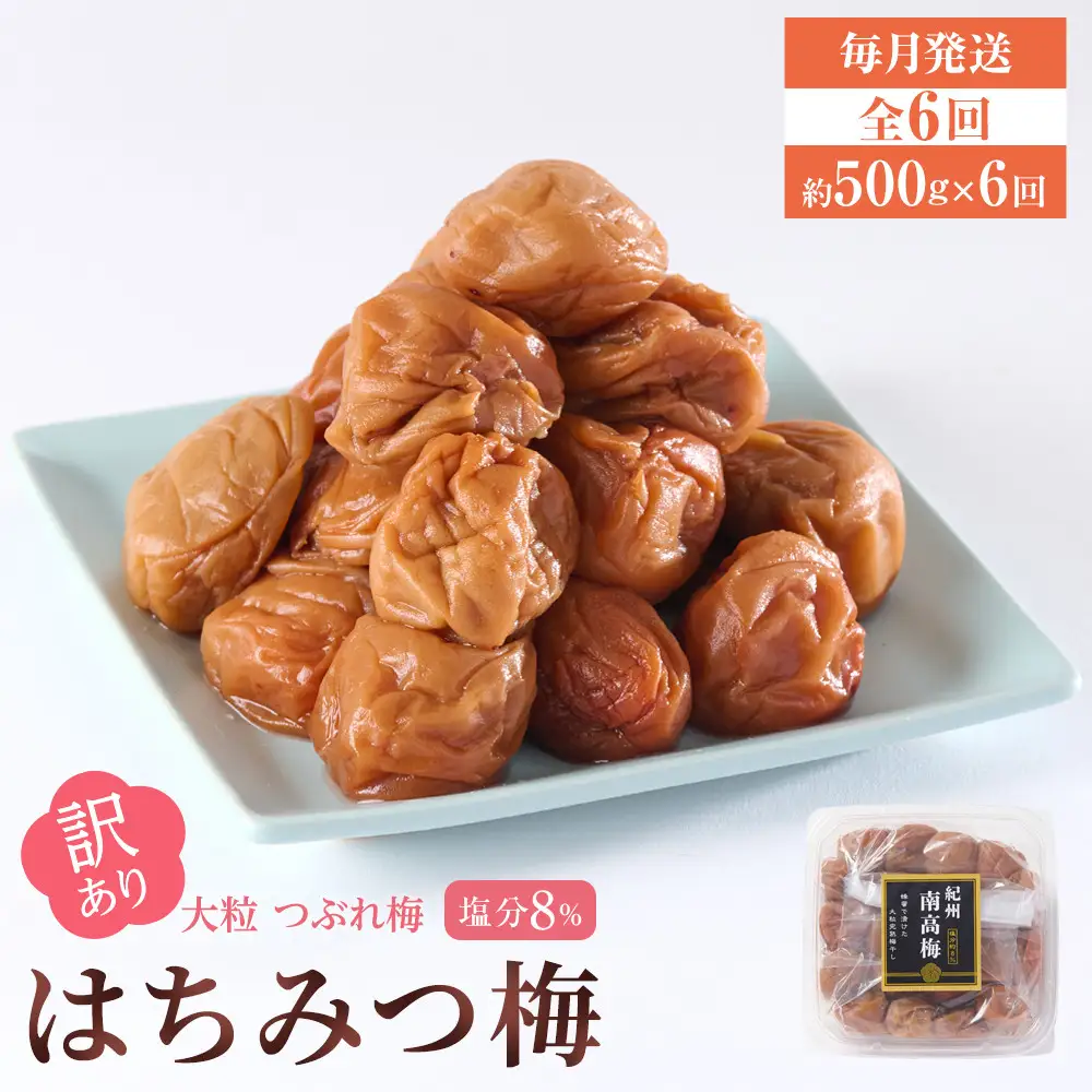 訳あり 梅干し 大粒 大玉 つぶれ梅 はちみつ梅 約500g × 6回 塩分8％ [ 定期便 毎月発送・全6回 ]