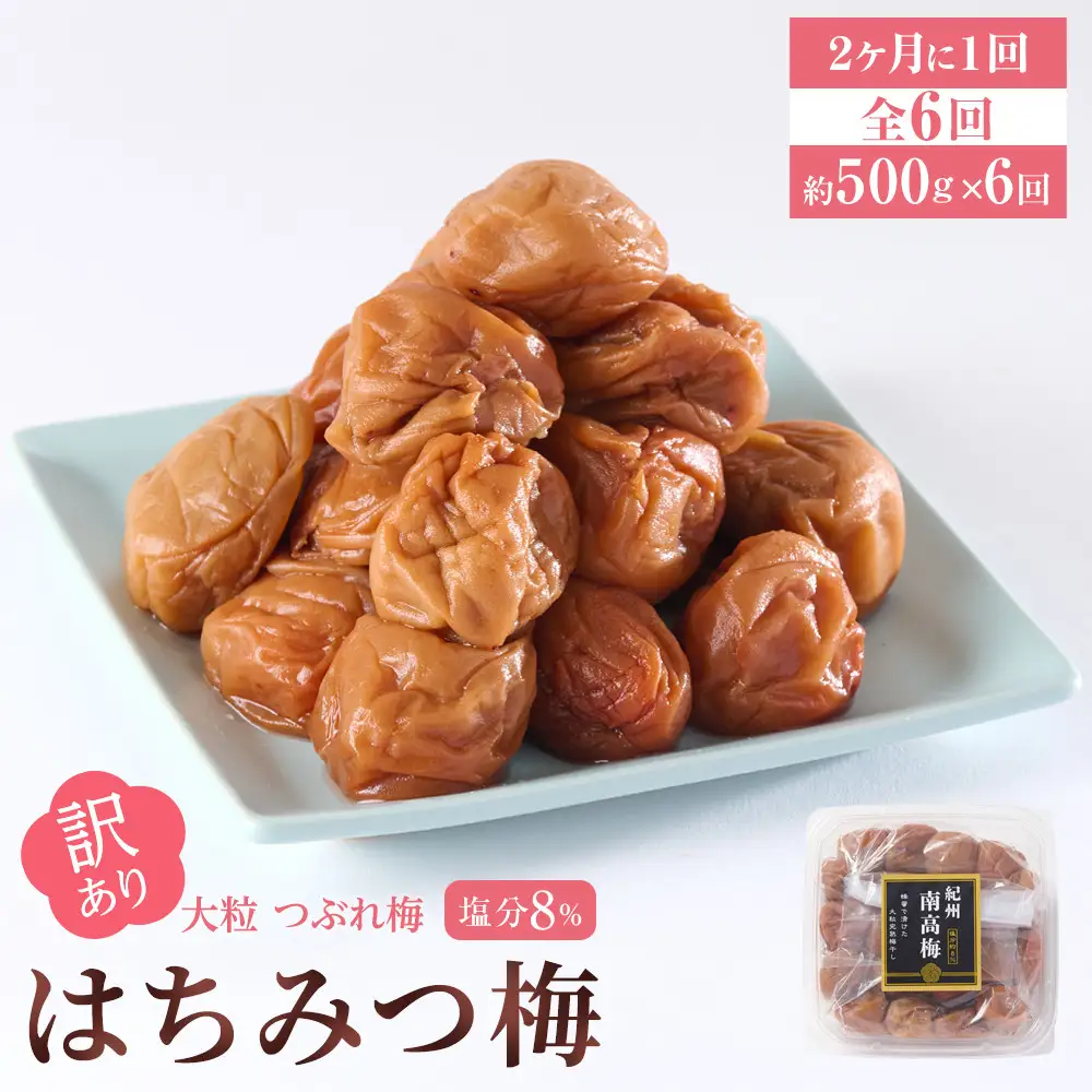 訳あり 梅干し 大粒 大玉 つぶれ梅 はちみつ梅 約500g × 6回 塩分8％ [ 定期便 2か月に１回発送・全6回 ]