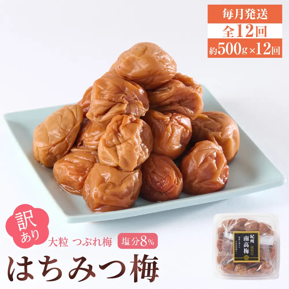 訳あり 梅干し 大粒 大玉 つぶれ梅 はちみつ梅 約500g × 12回 塩分8％ [ 定期便 毎月発送・全12回 ]