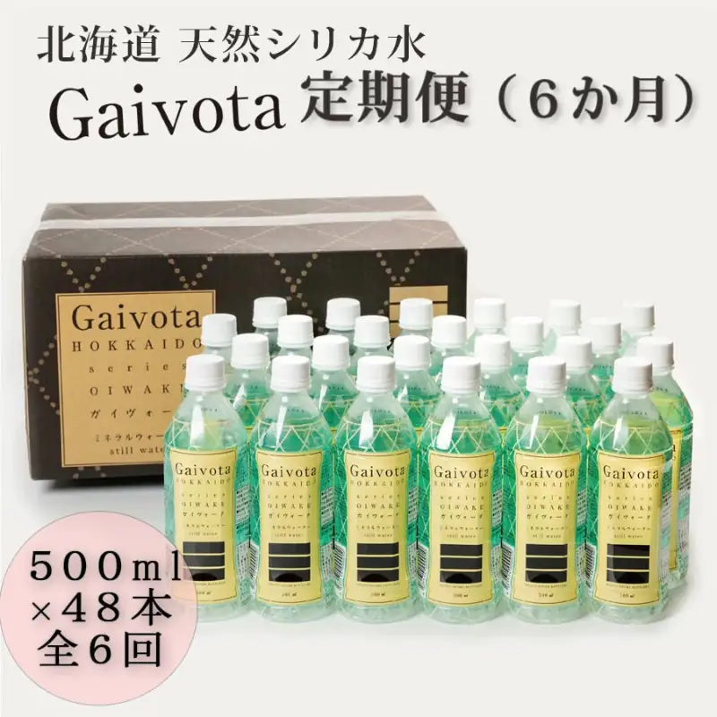 まろやか軟水 贅沢シリカ水を定期便で【Gaivota（ガイヴォータ）定期便：2箱(500ml×48本)×6回】＜ 北のハイグレード食品 天然シリカ水 ミネラルウォーター 軟水 北海道産 北海道 乙部町 天然水 美容 ケイ素 無添加 シリカ ガイヴォータ 美肌 ミネラル 口当たり まろやか 備蓄 災害用 非常用 リピーター 6か月 備蓄 災害用 非常用 サブスク ＞