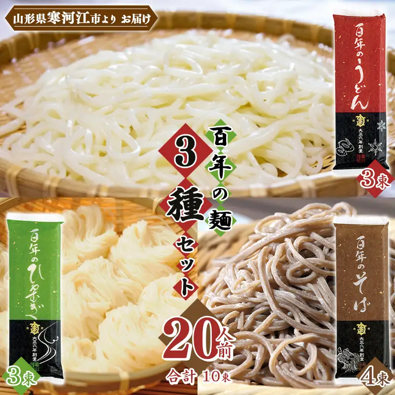 そば うどん ひやむぎ 百年の麺 3種セット 20人前（計10束） 乾麺 亀山製麺所 麺 乾麺 蕎麦　013-F-KY019