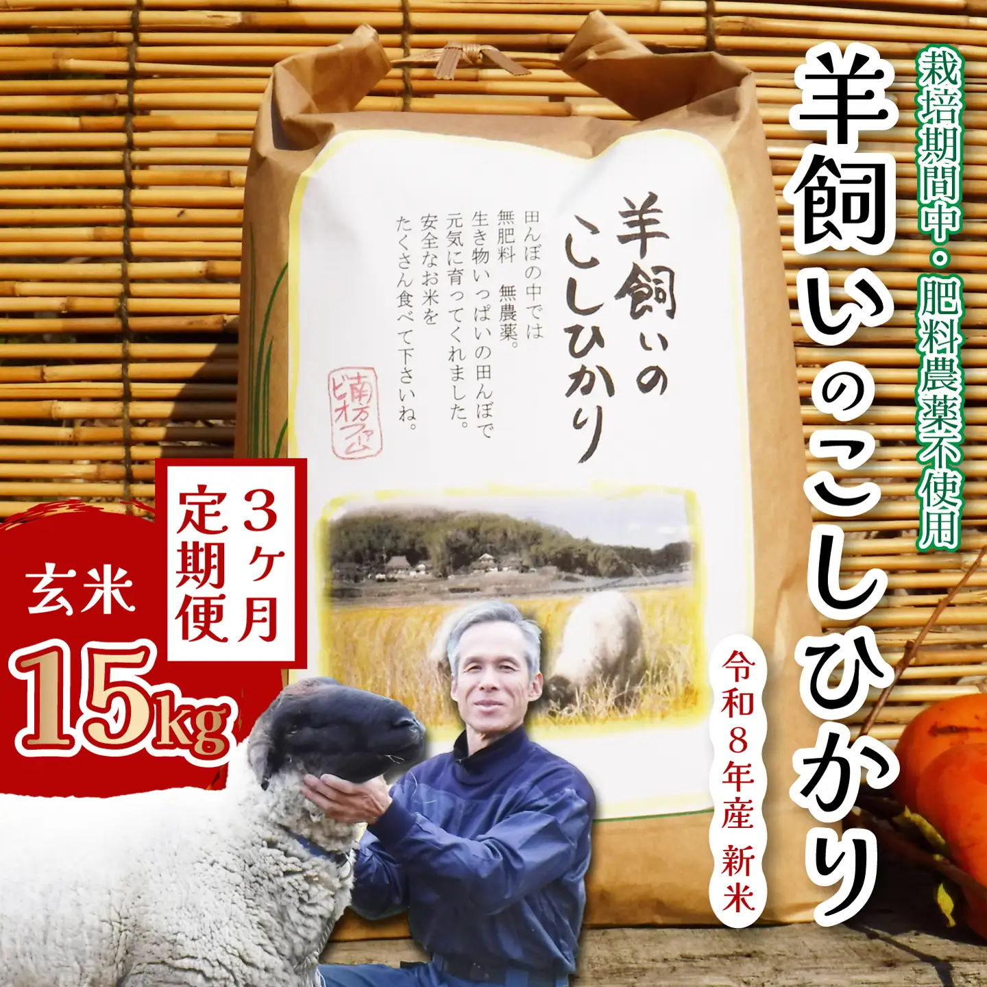 コシヒカリ【3か月定期便】《農薬・肥料：栽培期間中不使用》瀬戸内三原 羊飼いのこしひかり 玄米 15kg×3回  瀬戸内ビオファーム お米 こめ ご飯 002032