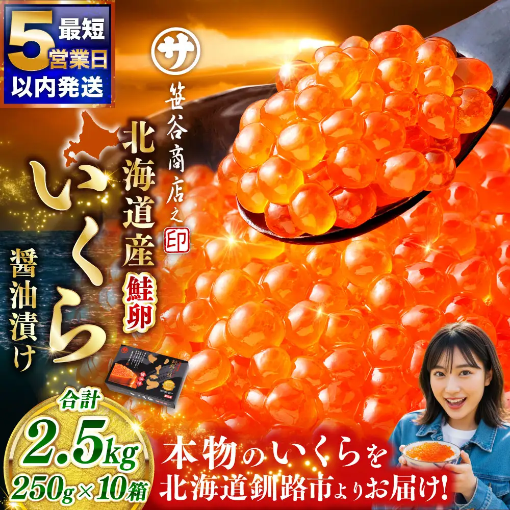 【5営業日以内発送】笹谷商店 北海道産 いくら イクラ (鮭) 250g×10箱 2.5kg 2,500g 魚 醤油漬け 海鮮醤油漬け 海鮮 海鮮丼 ギフト 冷凍 魚卵 魚介類 しょう油漬 ご飯のお供