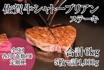 DP069_幻の部位！佐賀牛プレミアム定期便(全6回/隔月お届け・奇数月)佐賀牛シャトーブリアンステーキ１キロ(5枚で1㎏)　総量6㎏