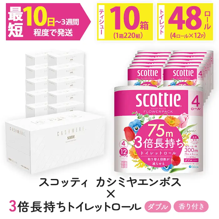 スコッティカシミヤ ティッシュペーパー 10箱 ＋ トイレットロール 48個 セット （トイレットペーパー ティッシュ 日用品）