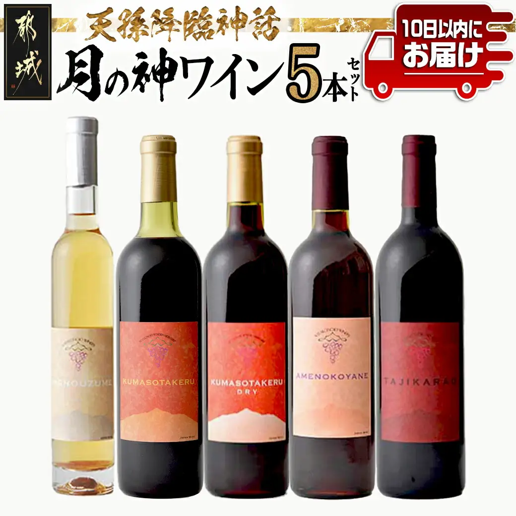 天孫降臨神話・月の神 ワイン5本セット ≪みやこんじょ特急便≫〔AG-20-023-Q〕_ (都城市) 赤ワイン (720ml・750ml) 4種 白ワイン(375ml) 1種 合計5本 極甘口 やや甘口 11度 12度 13度 14度 辛口 お酒 地酒 果実酒 ぶどう酒 葡萄酒