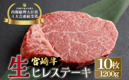 ＜冷蔵・真空包装＞希少部位！A4等級以上！宮崎牛ヒレステーキ10枚（約1,200g）_K008-006