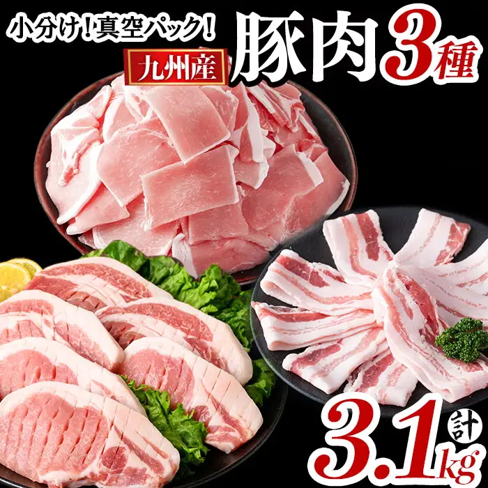 小分け・真空パック!九州産豚肉3種(計3.1kg) 小分け 真空パック 豚肉 豚 ロース バラ モモ ウデ バラエティ セット とんかつ とんてき 野菜炒め a5-319