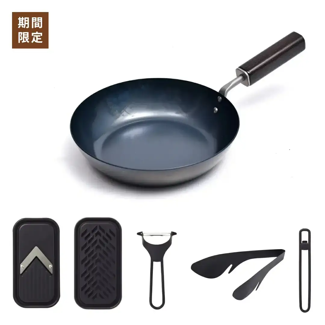 新生活調理器具5点セット サビに強い鉄フライパン20cm / (ブラック)ピーラー ミニスライサー＆ミニグレーダー 栓抜＆プルタブ起こし 万能トング 燕三条製 [プリンス工業]