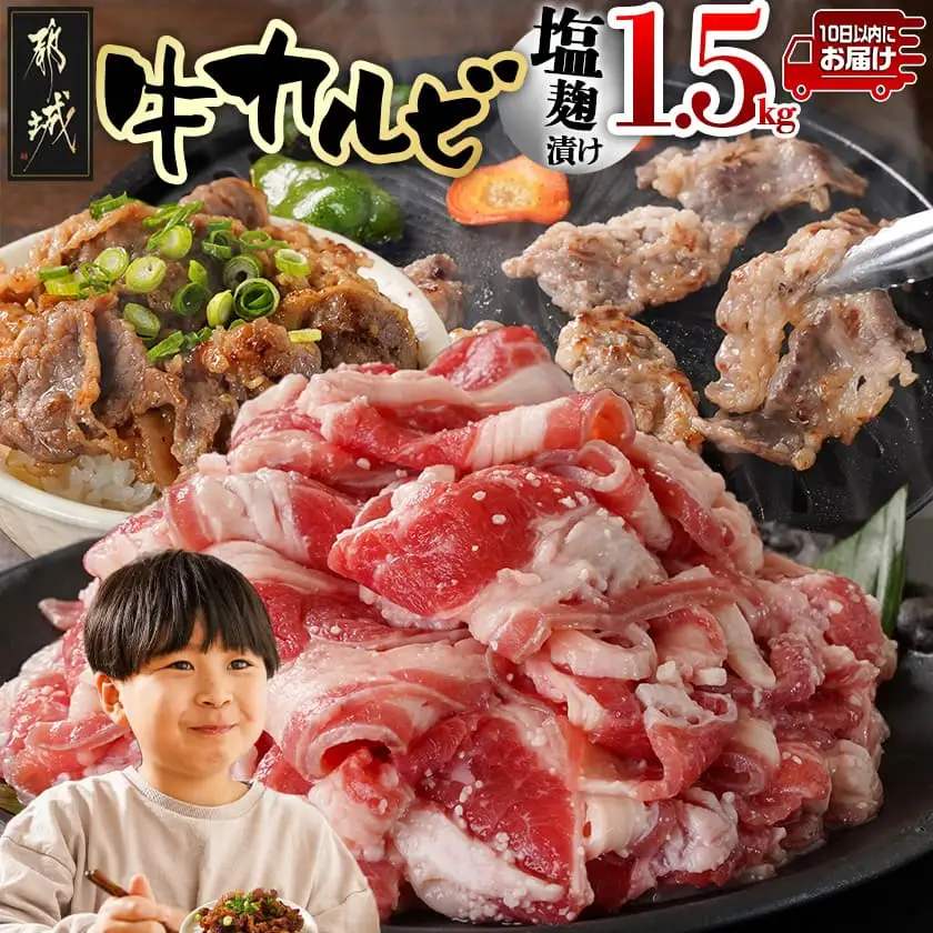 牛カルビ 塩麹タレ漬け1.5kg≪みやこんじょ特急便≫〔AAJ-33-022-1500g-Q〕_(都城市)  味付き牛カルビ 300g×5パック 真空 小分け 1500g