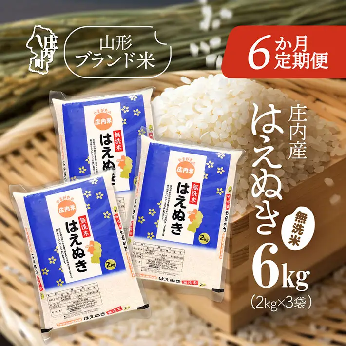 【6か月定期便】庄内米 はえぬき 無洗米 6kg 毎月 2kg×3袋 令和7年産 / 令和8年産 余目産 あまるめ ブランド米 米 山形 庄内平野 亀の尾発祥の地 庄内 お米の定期便【8月中旬発送/入金期限：2026年7月25日】