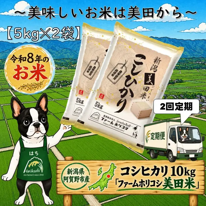 【令和8年産新米】【2ヶ月定期便】阿賀野市産 コシヒカリ 「ファームホリコシ美田米」 10kg（5kg×2袋）×2回  白米 精米 新潟県 米 こめ コメ 10月上旬頃より発送開始予定 3H08048