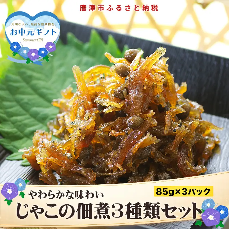 「お中元」唐津自慢 じゃこの佃煮 3種類セット(山椒の実入・山椒の実入(青唐辛子)・落花生入)×各85g ご飯のお供 おかず おつまみ 詰合せ 佃煮