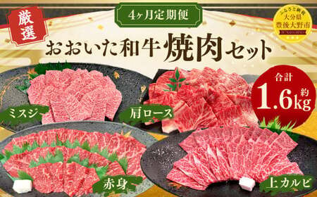 173-1287 【4ヶ月定期便】 おおいた和牛 焼肉 セット 合計約1.6kg 1回あたり約400g 牛肉 食べ比べ ロース 肩ロース 上カルビ カルビ ミスジ 赤身 焼き肉 BBQ バーベキュー お取り寄せ グルメ 大分県産