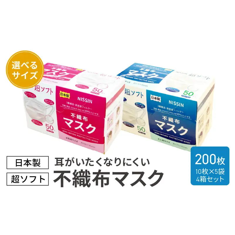 超ソフト 耳がいたくなりにくい不織布マスク（日本製） 200枚入（50枚入（10枚×5袋）4箱セット）【女性用サイズ/大人用サイズ】[169N03]