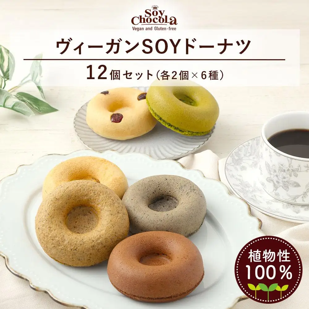 グルテンフリー＆ヴィーガンSOYドーナツ12個セット (6種×2個)（クランベリー、八女抹茶、黒ごま、きなこ、アールグレイ、ショコラ） 福岡市内製造