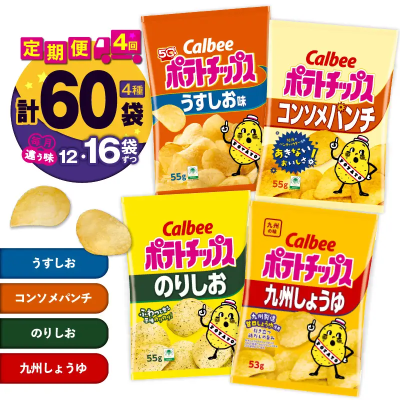 【4ヶ月定期便】カルビー ポテトチップス 食べ比べ4種【うすしお、コンソメパンチ、のりしお、九州しょうゆ】 K194-T01 菓子