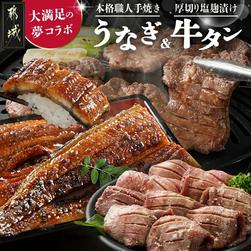 大満足の夢コラボ☆うなぎ&厚切り牛タンセット〔AC-3308〕_(都城市) 訳あり 不揃い スリット加工 塩麹 牛 タン 国産うなぎ 蒲焼