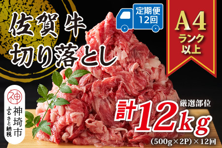 【12か月定期便】【A4～A5】佐賀牛切り落とし 1kg(小分け)×12回(H112314)
