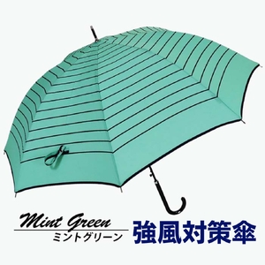 強風対策 耐風傘 雨傘 レディース 長傘 ボーダー ワンタッチジャンプ 162003 ミントグリーン ／ 耐風 豪雨 まちづくり観光振興機構 カジュアル 通勤 通学 奈良県 田原本町