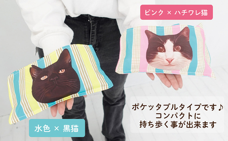 Nonbillie のんびりー　オリジナル　エコバッグ　ストライプ柄A ブルーボーダー×黒猫　【保護猫活動支援】ハチワレ　寒川町　保護猫　地域猫　TNR活動支援