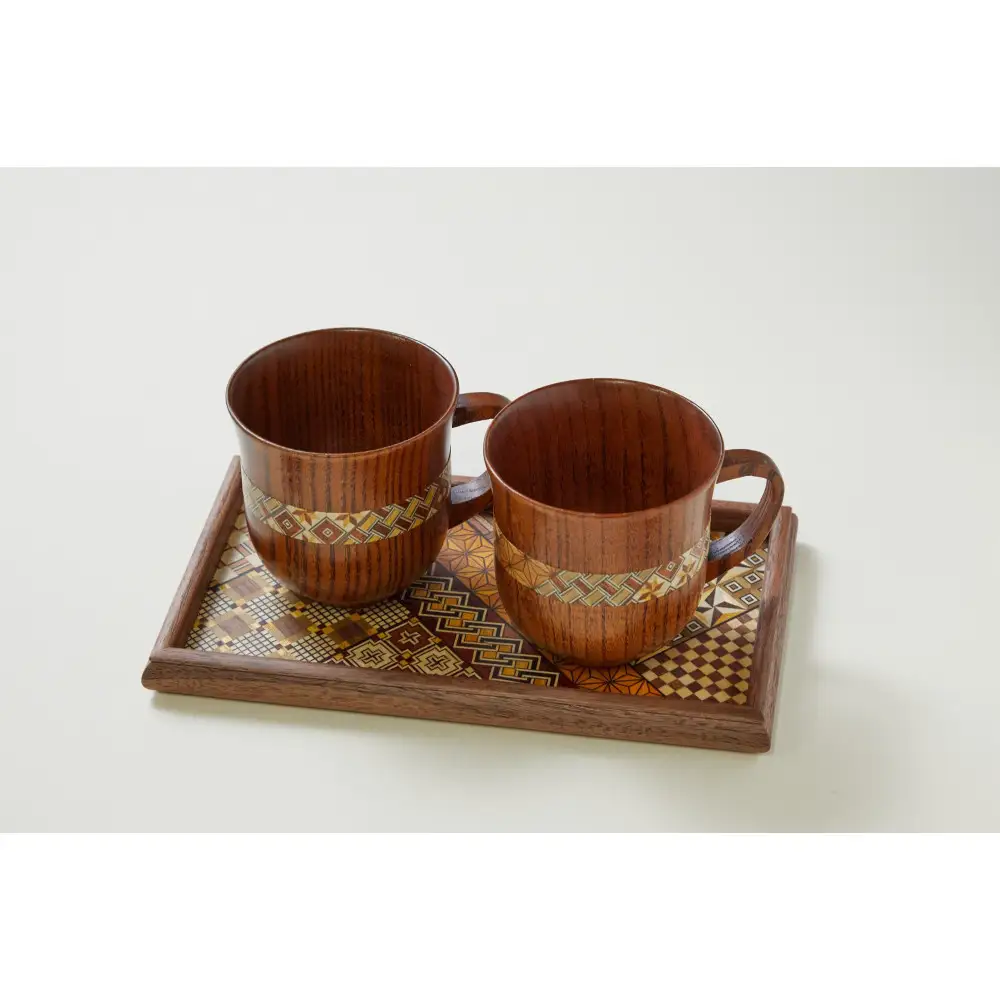 【箱根寄木細工　マグカップ2つと寄木盆のセット】伝統工芸品で素敵なひと時を