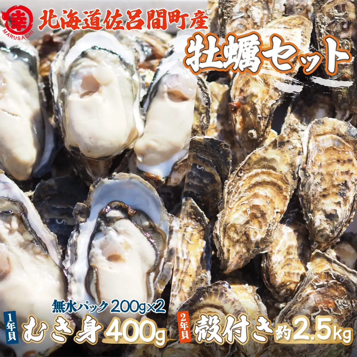 【先行受付】カキ 殻付き2年貝約2.5kg・むき身1年貝400g（200g無水パック×2） セット 佐呂間産（10月中旬以降順次発送開始予定） SRMA003