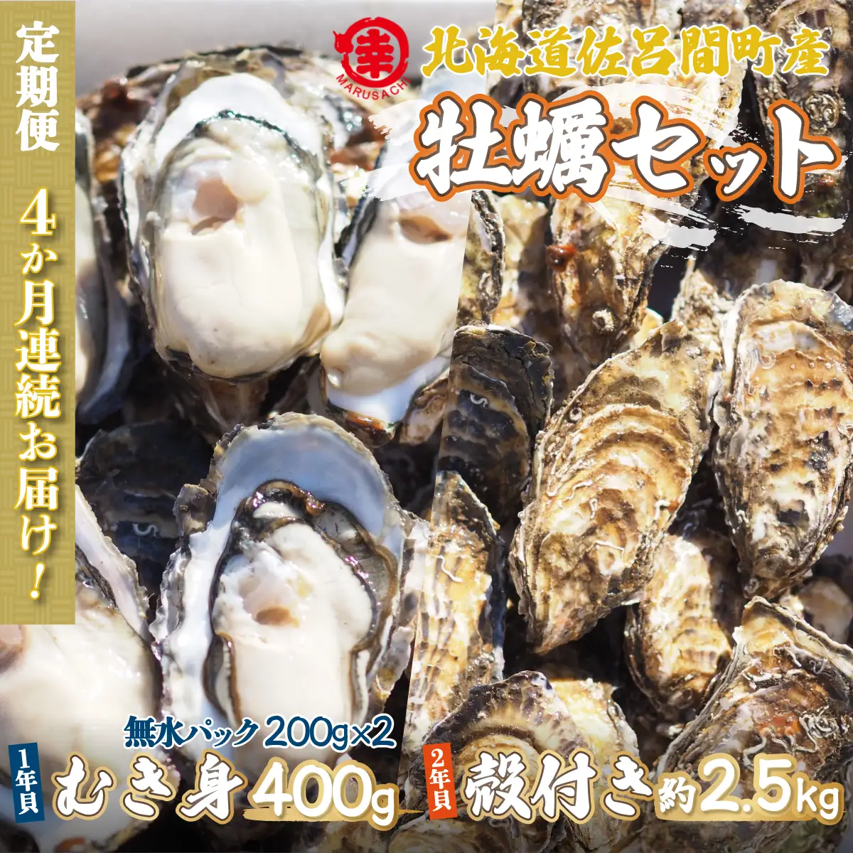 【先行受付】カキ 殻付き2年貝 約2.5kg・むき身1年貝 400g セット 佐呂間産 ［4回定期便］（10月中旬以降順次発送開始予定） SRMA011