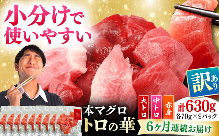 【全6回定期便】訳あり！対馬産 本マグロ 切り落とし 630g（9パック） トロの華 冷凍 新鮮 海鮮 小分け マグロ[WAQ037]