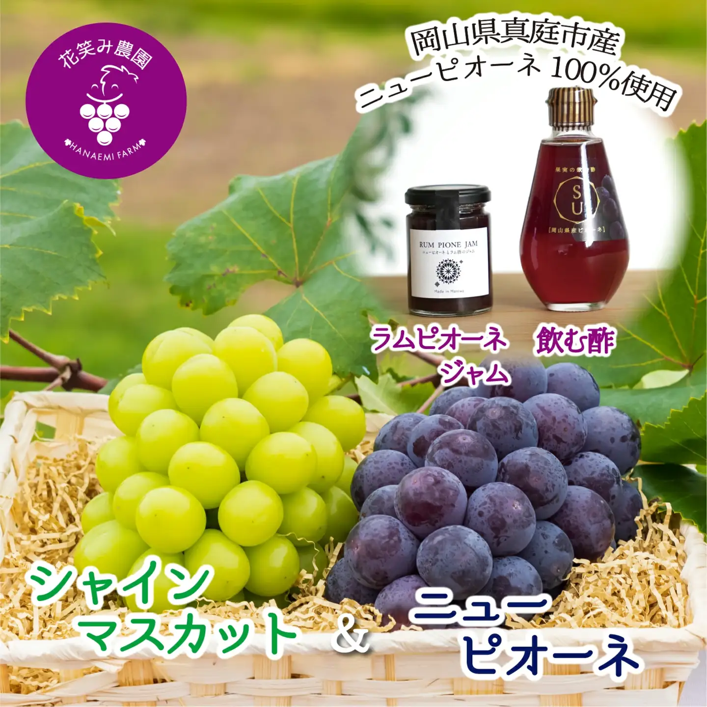 【2026年先行予約】花笑み農園 岡山の『ピオーネ＆シャインマスカット＆ラムピオーネジャム＆飲む酢』 【hana070-02】