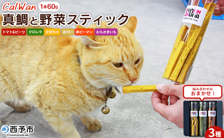 ＜CalWan（カルワン）真鯛と3種の野菜スティック 60g×3本セット＞ ペットおやつ 手作り 愛媛県産 SDGs 人も食べれる 栄養満点 養殖真鯛 フードロス スティックタイプ おやつ ひと休み 株式会社SakuSaku 愛媛県 西予市 【常温】『1か月以内に順次出荷予定』USA0009