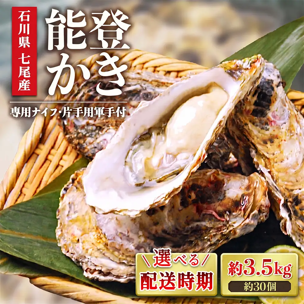 【能登半島地震復興支援】【発送時期が選べる】魚介類 牡蠣　/ 能登かき 殻付 牡蠣 約3.5kg（約30個）専用ナイフ・片手用軍手付 | 訳あり 生活応援価格 ご家庭用 石川県 七尾市 ※加熱用 ※2027年1月下旬～5月下旬頃に順次発送予定