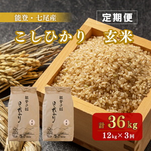 【発送時期が選べる】【定期便】石川県七尾産コシヒカリ「能登の国」玄米10kg＋2kg（6kg×2袋）×3回◇ ※着日指定不可 ※2024年2月上旬～5月下旬頃に順次発送予定