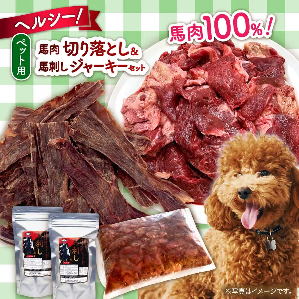 詰め合わせ 国内加工 ペット用 馬肉 切り落とし 1kg ペット用 馬刺しジャーキー 100g(50g×2)  ペットフード 馬肉 [AYCT012]