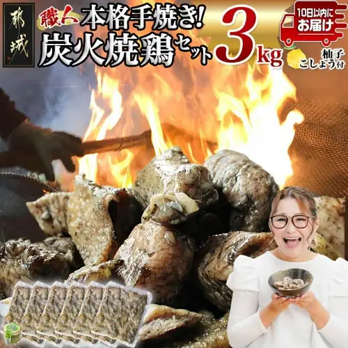 本格手焼き!炭火焼鶏3kg(ゆずこしょう付)≪みやこんじょ特急便≫〔MJ-14-003-3kg-Q〕_ (都城市) 国産 鶏肉 小分け 炭火焼き 宮崎 冷凍 柚子胡椒 塩のみ 急速冷凍 手焼き 湯せん 焼酎との相性も抜群◎ 鶏肉