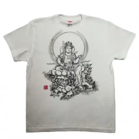 手描きTシャツ 仏画 文殊菩薩 白 (半袖 Mサイズ)【1615173】