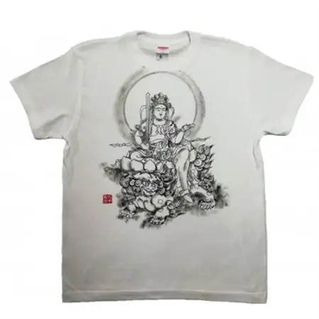 手描きTシャツ 仏画 文殊菩薩 白 (半袖 Lサイズ)【1615174】