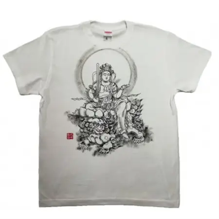 手描きTシャツ 仏画 文殊菩薩 白 (半袖 XLサイズ)【1615175】
