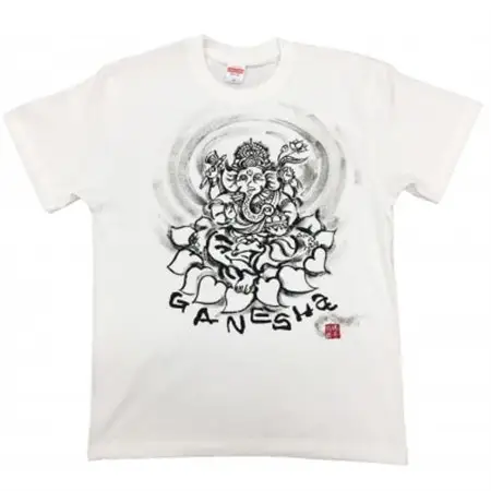 手描きTシャツ 仏画 ガネーシャ 白 (半袖 XLサイズ)【1615512】